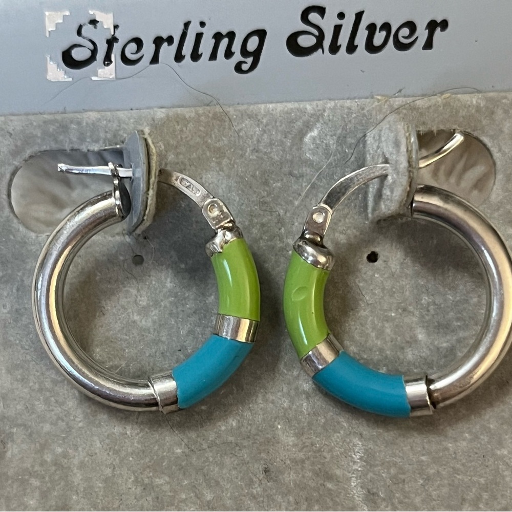 Sterling Silver Green and Blue Hoop Earrings